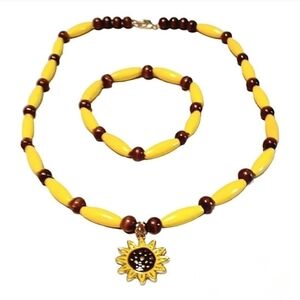 HANDMADE Sunflower Yellow & Brown Beaded Necklace & Bracelet Bohemian Unisex Set